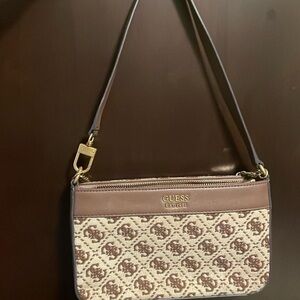 GUESS Cream and Brown Logo Shoulder Bag
